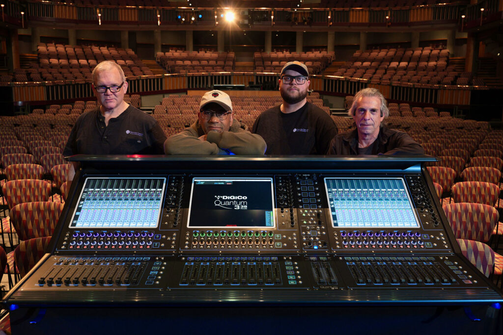Cerritos Center for the Performing Arts’ audio team with one of its two new DiGiCo Quantum338 Pulse consoles (left to right): Assistant Audio Specialist Kerry Dowling, Head Audio Specialist Jon Bullock, and Audio Stage Assistants Matt Adams and Dave Aretsky (photo credit: Bill Petropoulos)