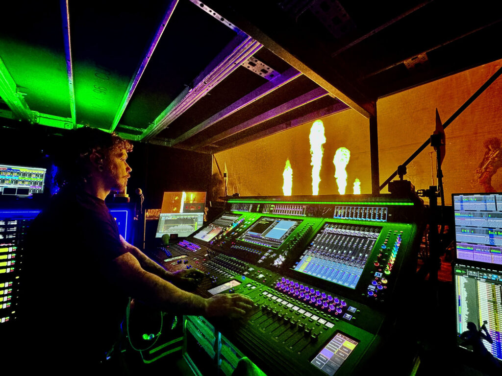 Josh Mellott manning the monitor mix for Lenny Kravitz’s Blue Electric Light tour on a DiGiCo Quantum852 desk