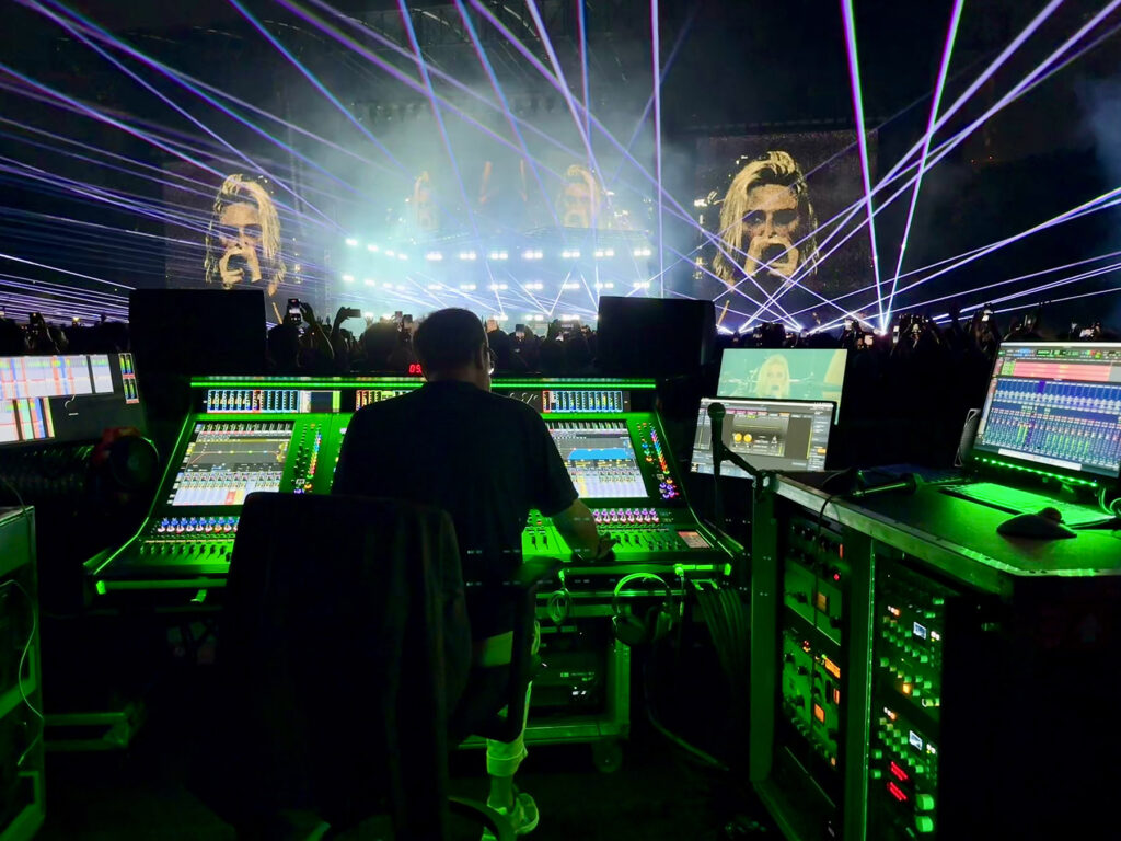 FOH engineer Jim Ebdon mixing Linkin Park’s From Zero World Tour on a DiGiCo Quantum852 console equipped with a Fourier Audio transform.engine (photo credit: Ricki Cook, @rickicook)