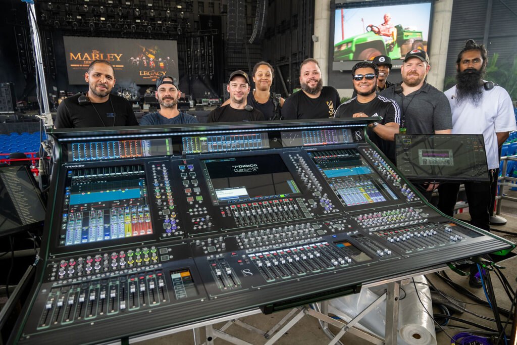 The tour’s audio crew (left to right) behind the Quantum852 desk: Yohance Lamy (PA tech), Paolo Mangones (RF tech), Steve Thom (monitor engineer - wedges and side-fills), Rosemary Martin (monitor tech), Jason “Redz” Reynolds (monitor engineer - IEMs), Veer Dhaniram (FOH engineer), Bryt Williams (PA tech), Chris Fischer (systems engineer), and Davin Veerasamy (patch)