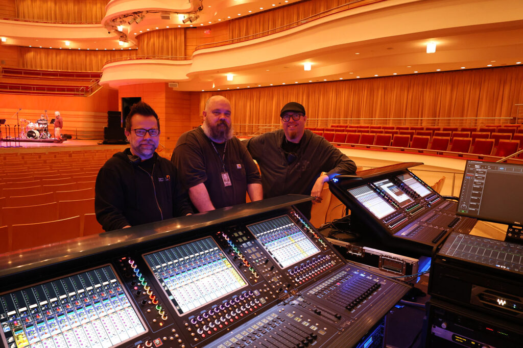 Segerstrom Center for the Arts’ audio team pictured with two of the complex’s six new DiGiCo Quantum consoles (left to right): James Wilcox, Head Audio Engineer at Segerstrom Hall; John Downey, Head Audio Engineer at the Renée and Henry Segerstrom Concert Hall; Timothy K. Schmidt, Assistant Sound Engineer at the Renée and Henry Segerstrom Concert Hall